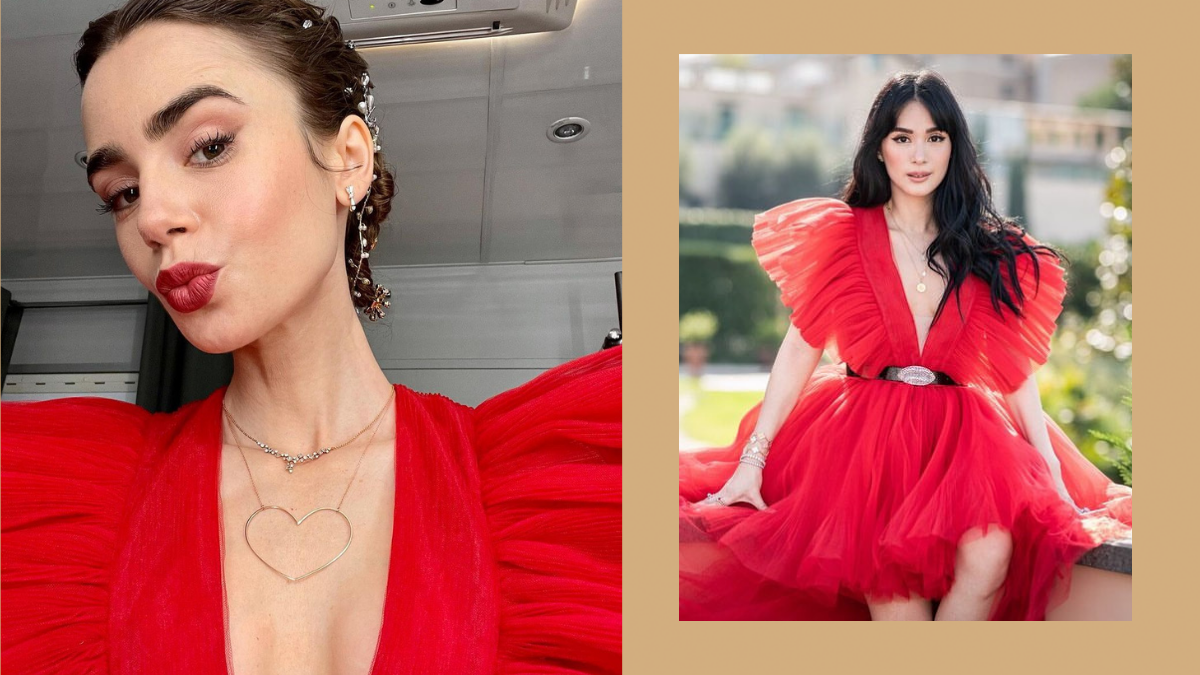 Lily Collins Wears The Same Red Tulle Dress As Heart Evangelista