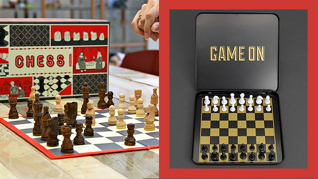 Vintage wooden chess set with queen gambit opening, close-up view