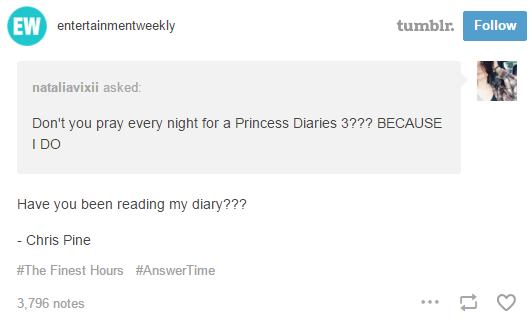 Remain Calm But Chris Pine Just Teased “Princess Diaries 3”