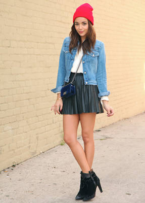 denim jacket and leather skirt