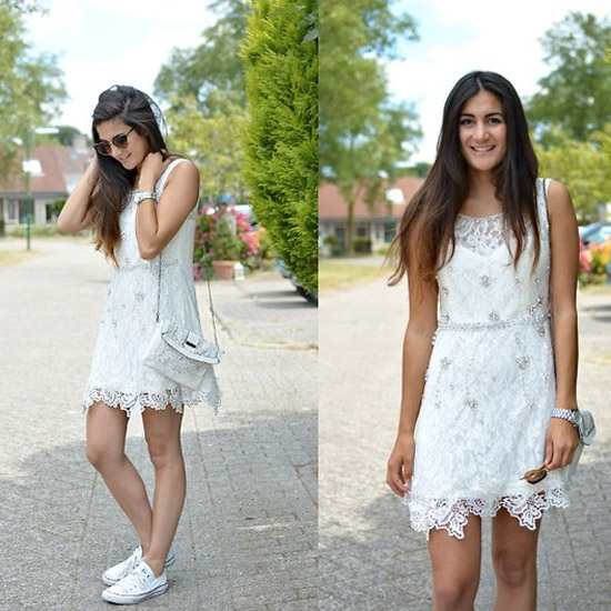 white dress and sneakers