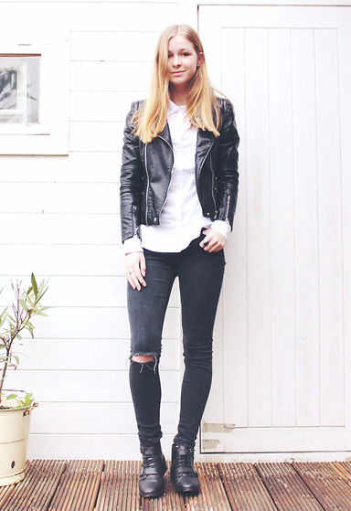 Black leather shop jacket white shirt