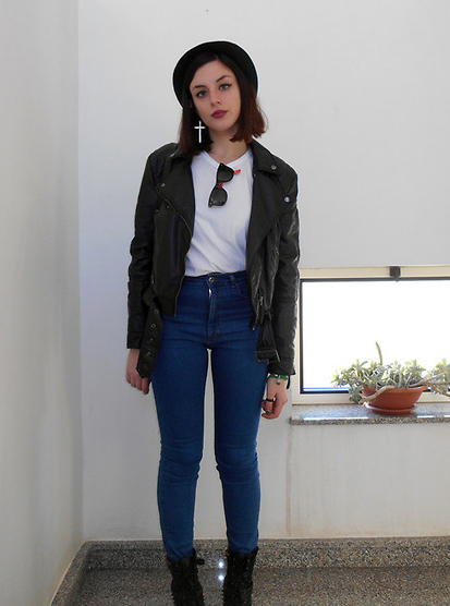 Outfit Idea: Black Leather Jacket and White Shirt