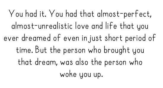 You had it. You had that almost-perfect, almost-unrealistic love and life that you ever dreamed of even in just short period of time. But the person who brought you that dream, was also the person who woke you up.