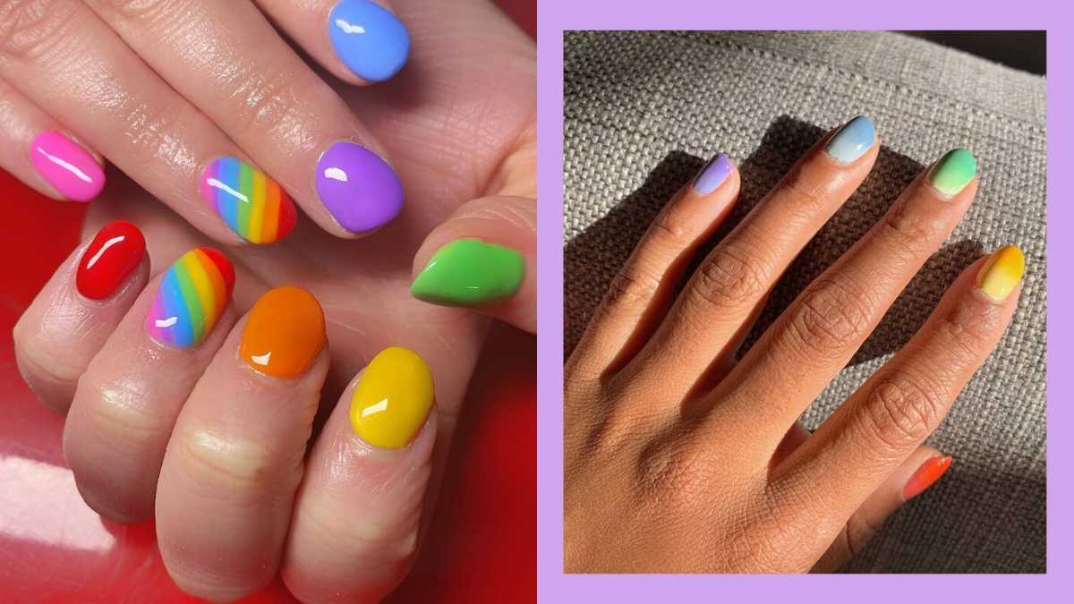 spring rainbow stiletto nail design