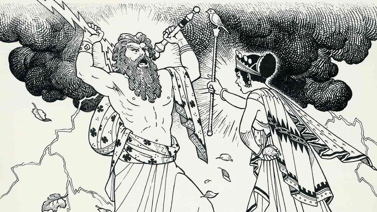 A black and white illustration of Greek god Zeus and goddess Hera arguing.