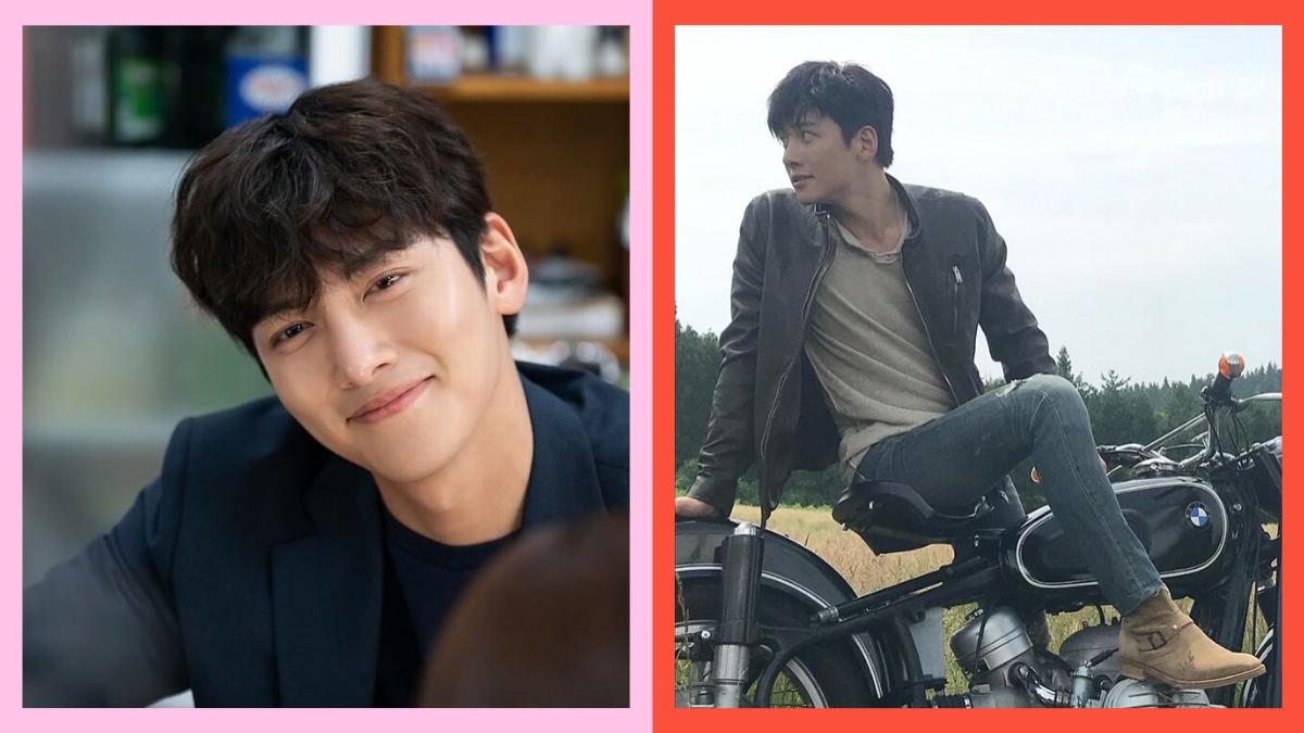 Side-by-side pictures of Ji Chang Wook smiling and Ji Chang Wook on top of a motorcycle.