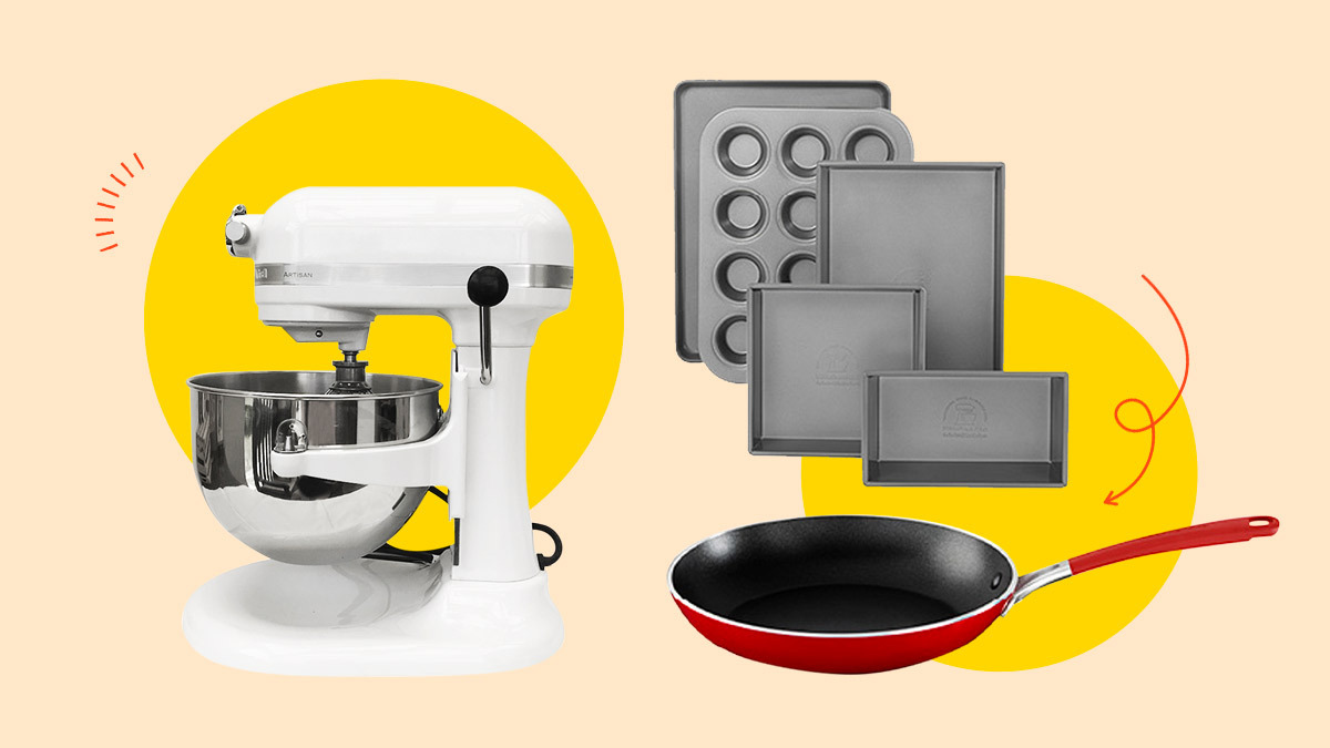 collage of KitchenAid products like a stand mixer, baking set, pan or skillet
