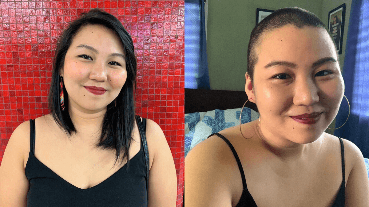 before and after photo of woman shaving her head