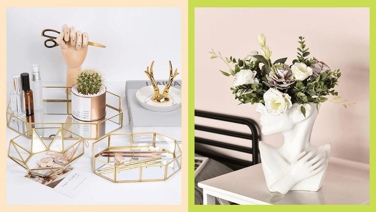 Photos of minimalist home decor, like vases and desk organizers.