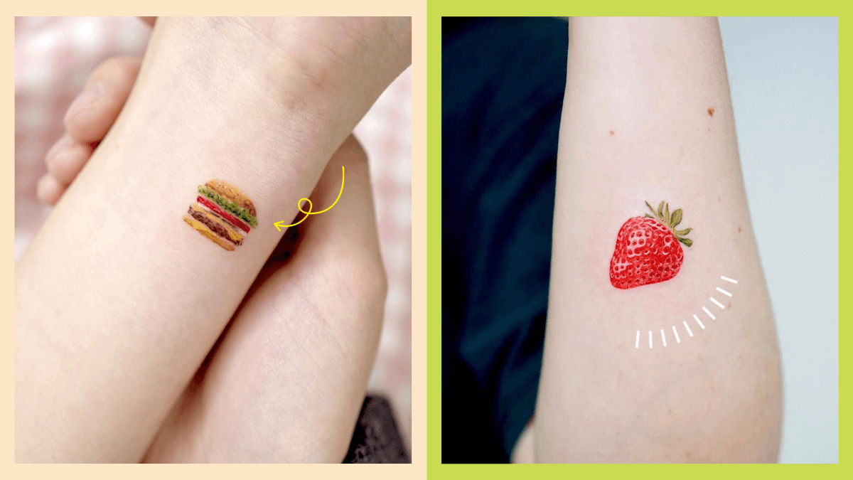 side by side photos of food tattoos: a burger on the left, a strawberry on the right