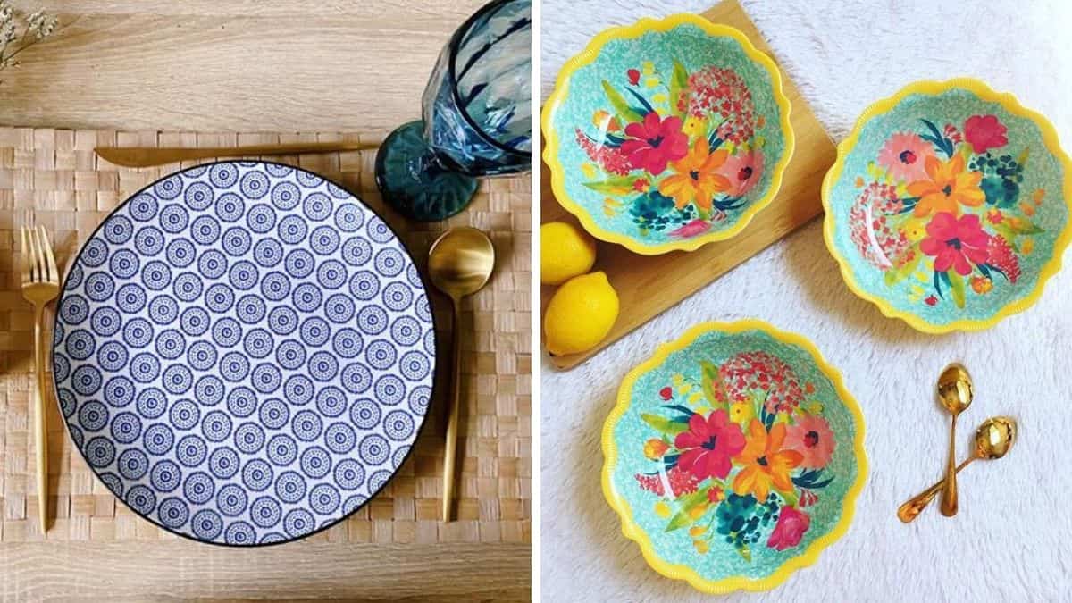 Side by side photos: On the left, a blue patterned plate; on the right, colorful floral bowls
