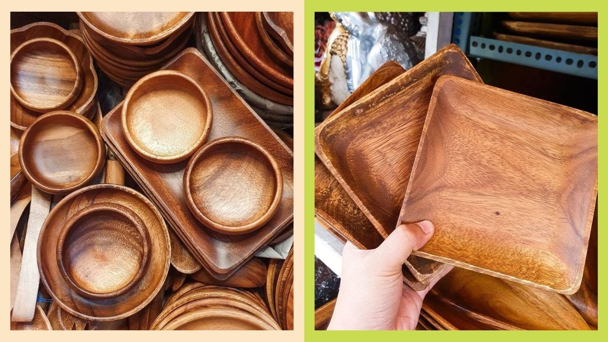 Side by side photos of wooden bowls and plates