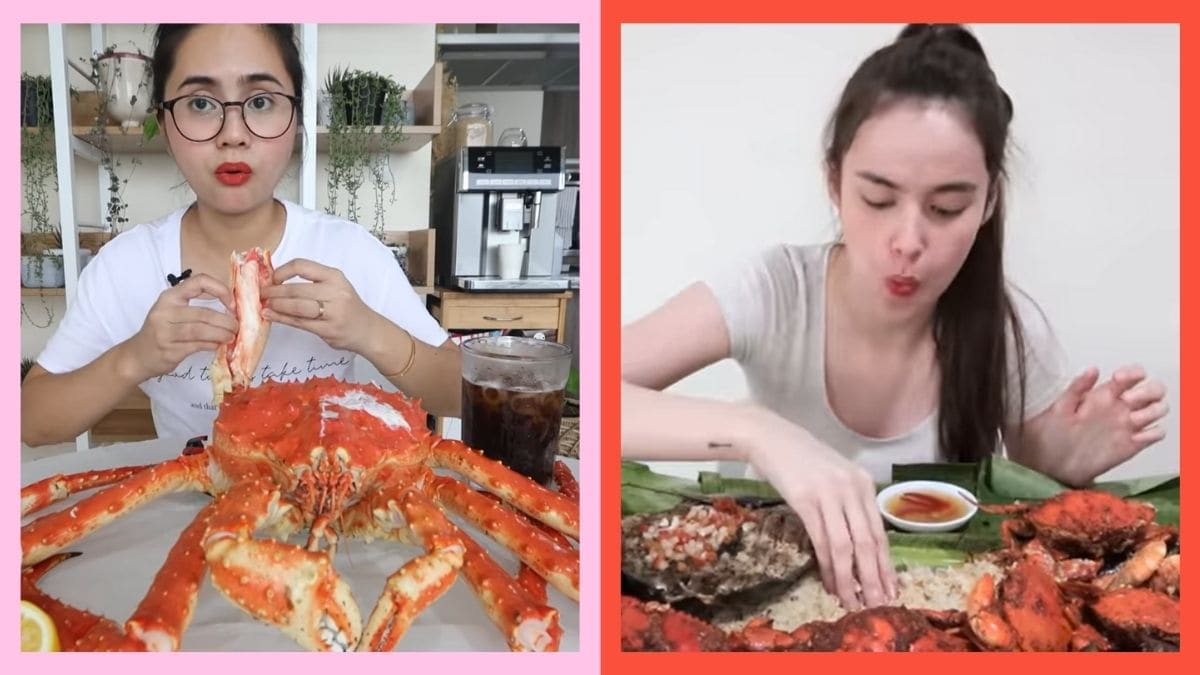 side to side photos of anna cay eating king crab and kim domingo's seafood mukbang