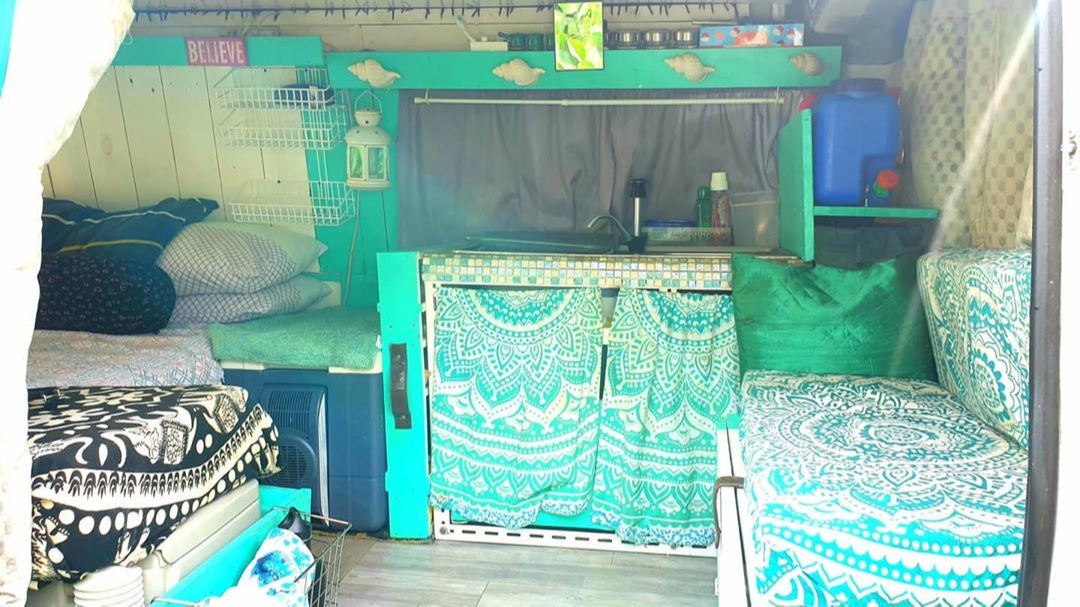 Interior of a van, customized into a home