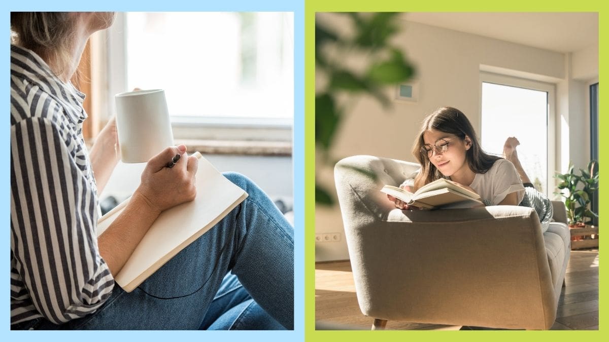 Side by side stock images of a woman writing on a journal and another reading a book