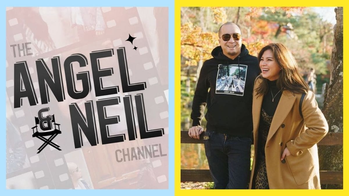 Side by side photos: Angel Locsin and Neil Arce's YouTube channel name and Angel and Neil on vacation