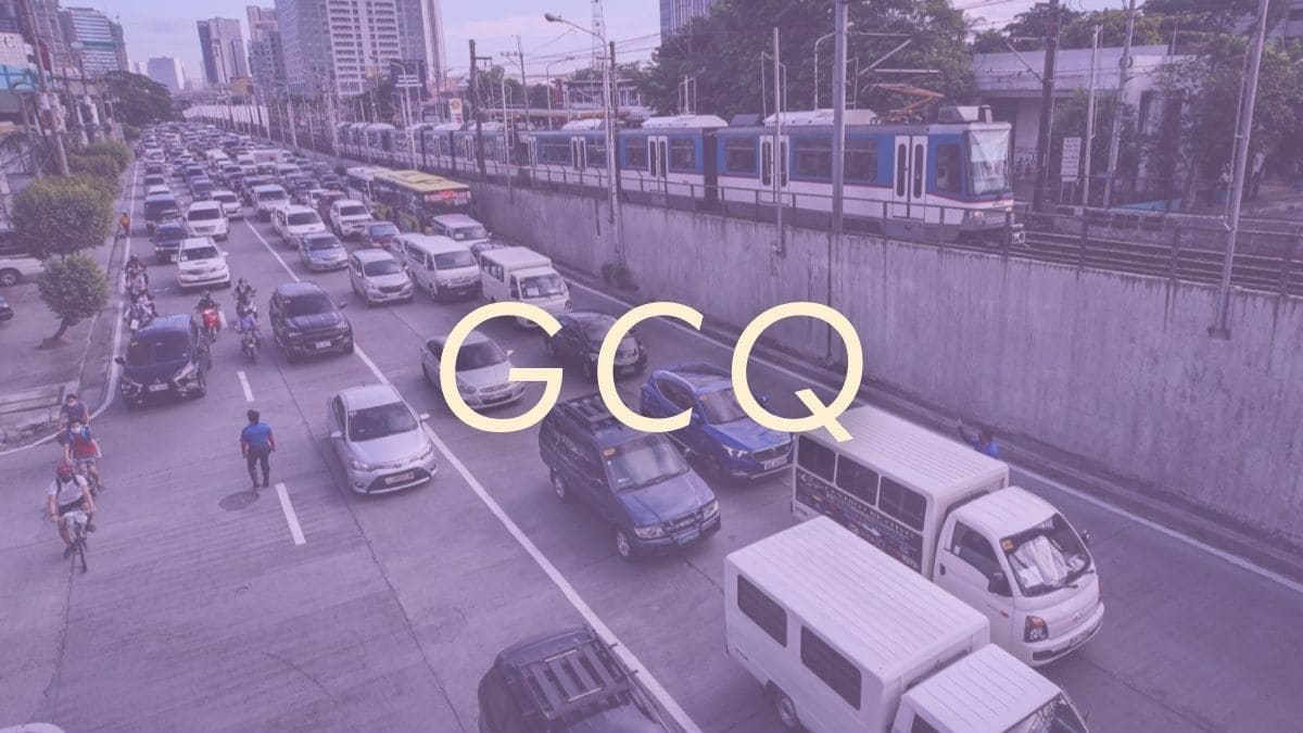 a photo of EDSA traffic with GCQ letters over it