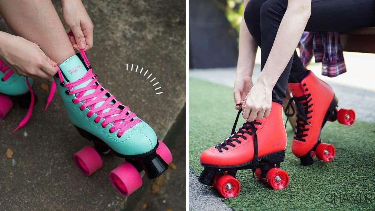 Side by side photos of aqua and red roller skates