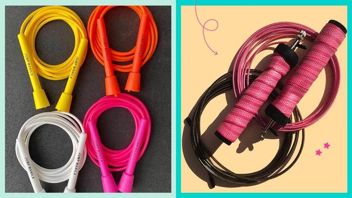 side by side photos of colorful jump ropes