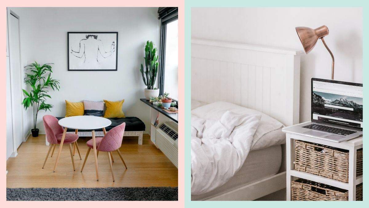 Side by side photos of minimalist aesthetic rooms
