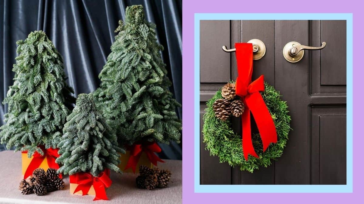 Side by side photos of mini Christmas trees and wreath