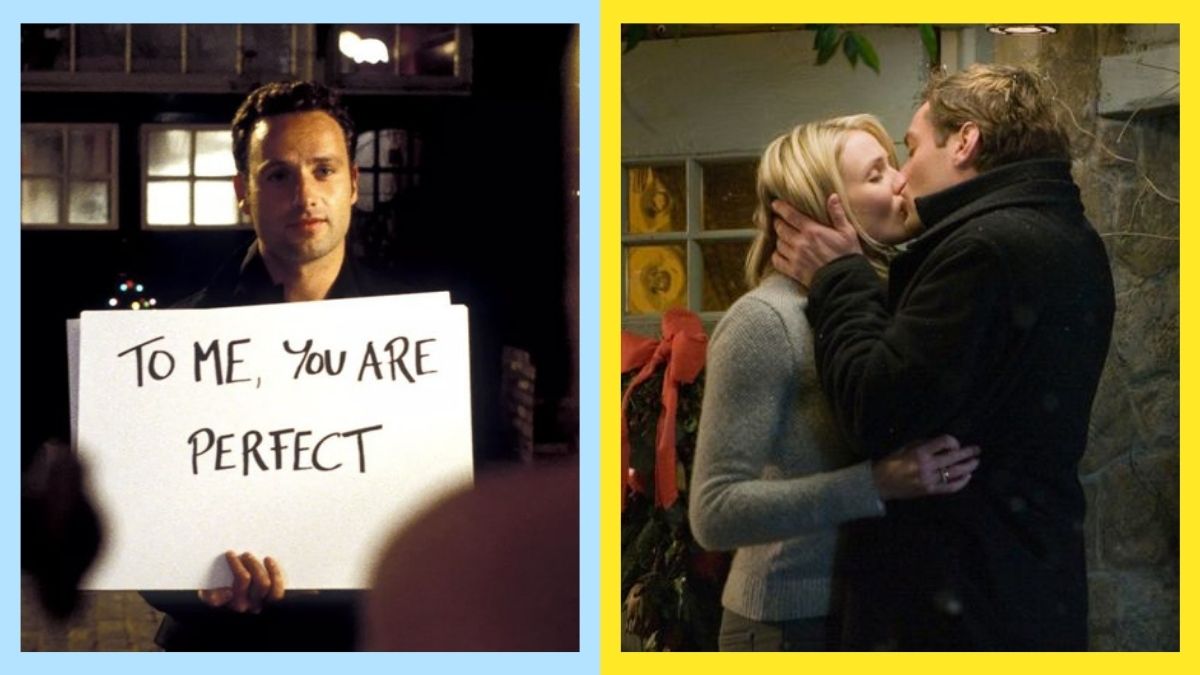Side by side photos of scenes from Love Actually and The Holiday