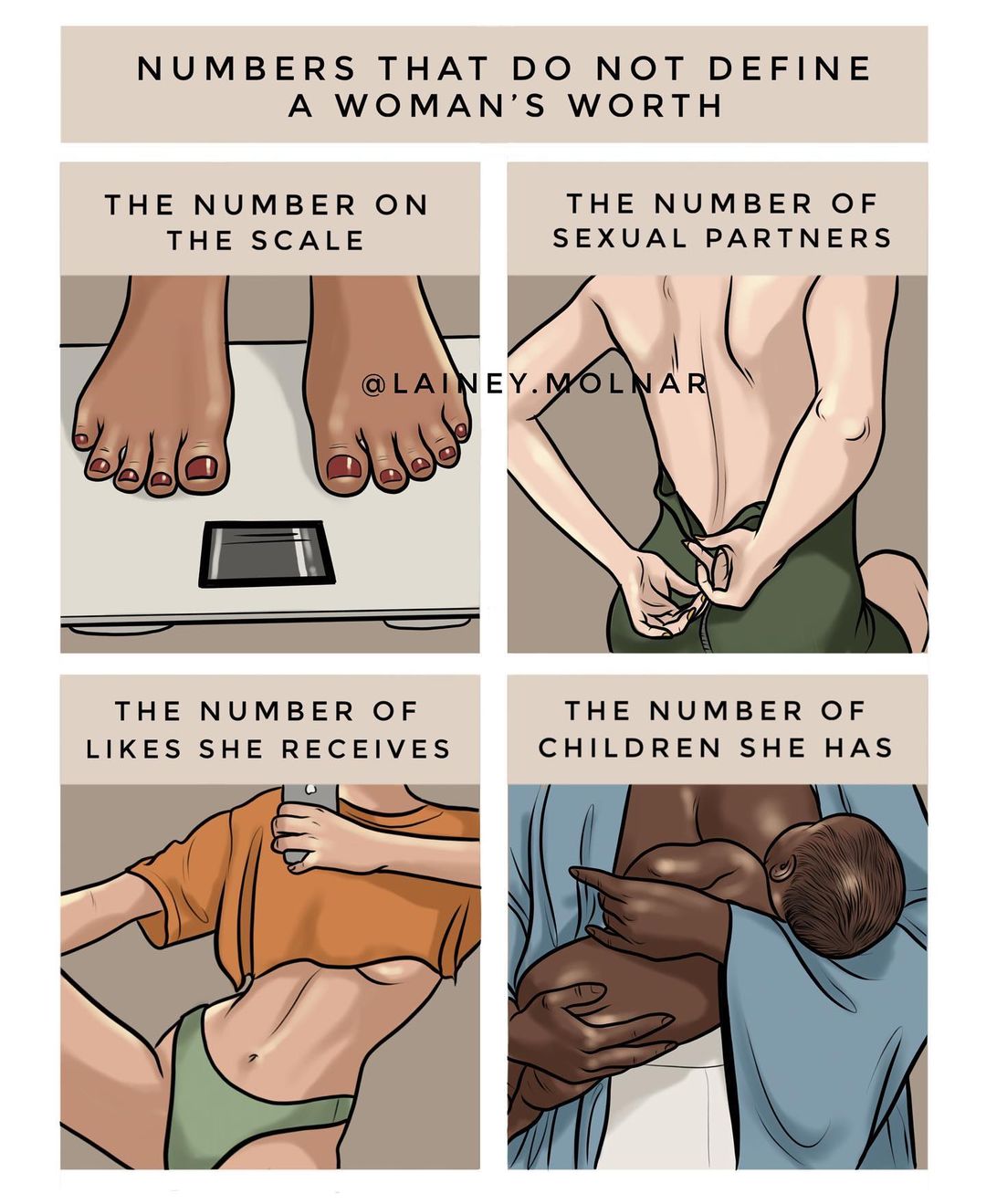 Artist Lainey Molnar creates an illustration showing the factors that DO NOT define a woman's worth.