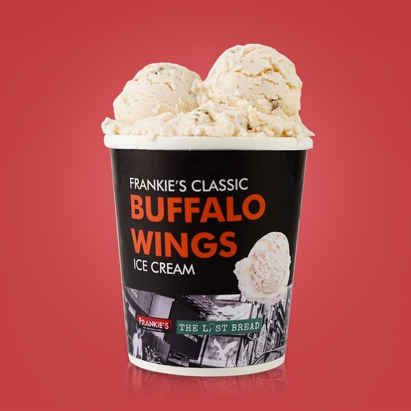 Buffalo Wings Flavored Ice Cream serverd in a bucket 