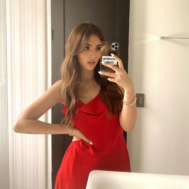 Sofia Andres: Red Slip Dress