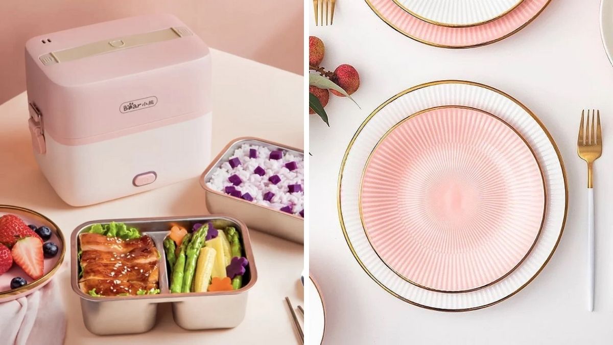 pretty pink items: electric lunch box and plates