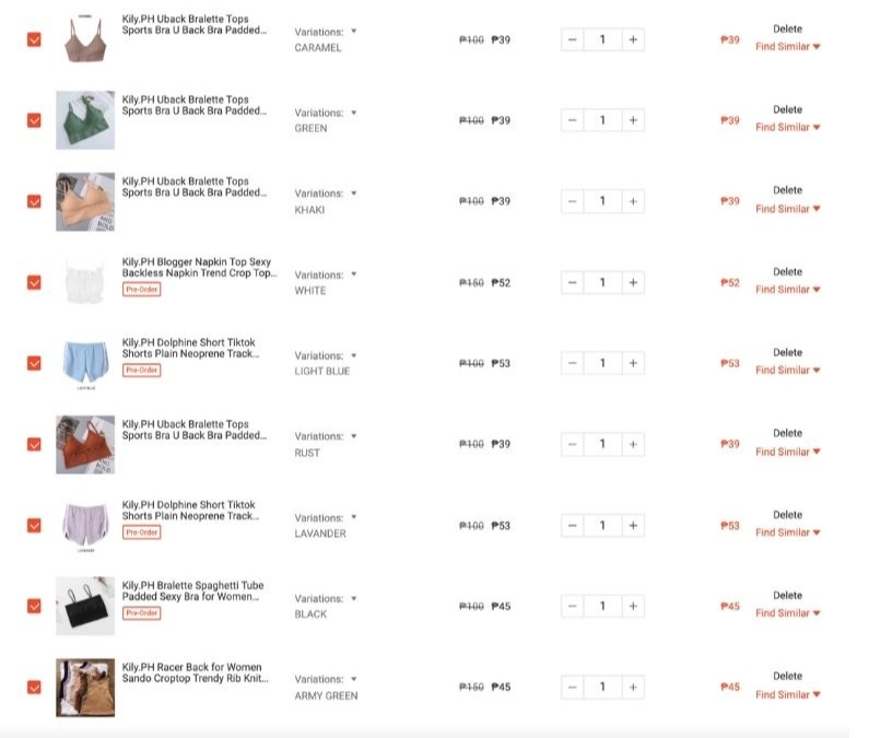 items in online shopping cart
