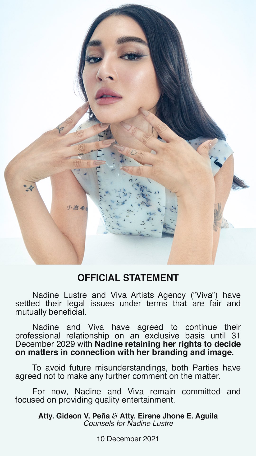 Nadine's legal counsels shared her official statement.