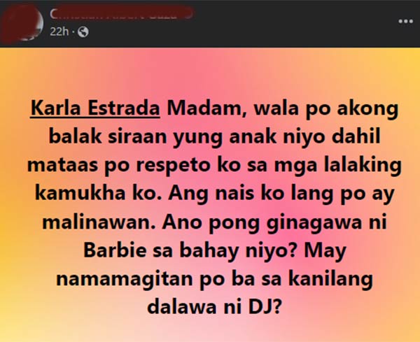 Karla Estrada being asked by a netizen about Daniel and Barbie