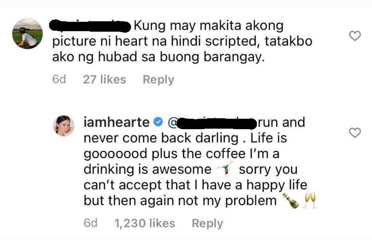 An Instagram troll commented on Heart Evangelista's post