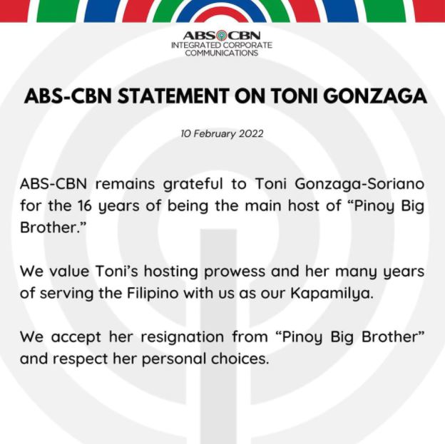 ABS-CBN statement on Toni Gonzaga's resignation as PBB main host