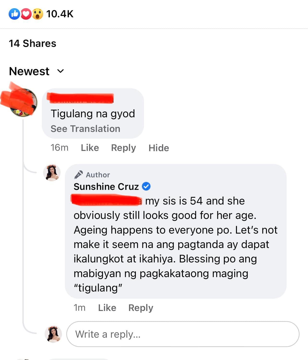 Sunshine Cruz reacts to a netizen calling her elderly