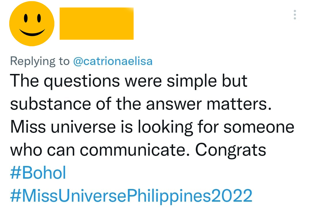 netizen reacts to catriona's tweet about wishing candidates were given more difficult questions at miss universe philippines 2022