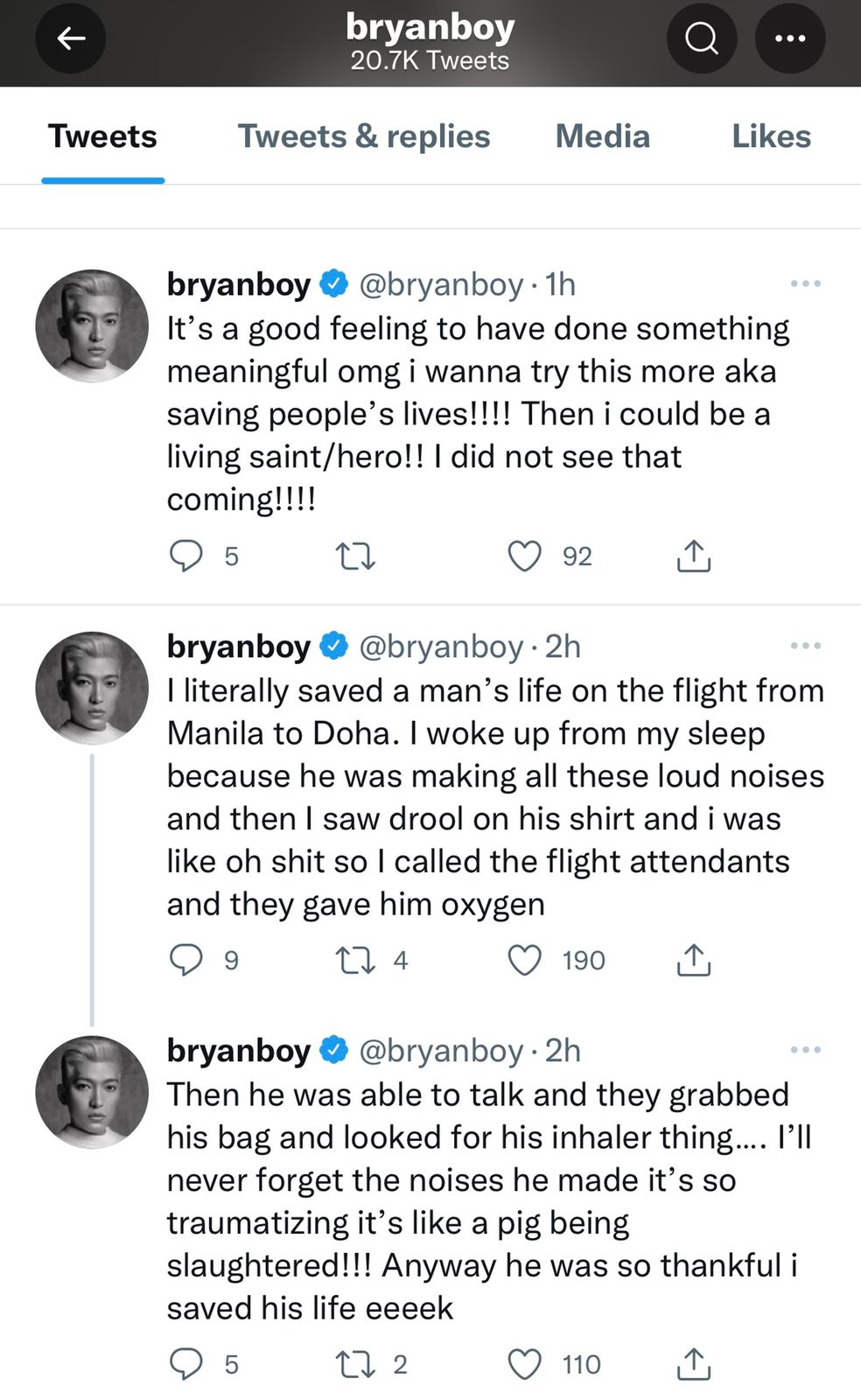 Bryanboy tweets about saving one's life