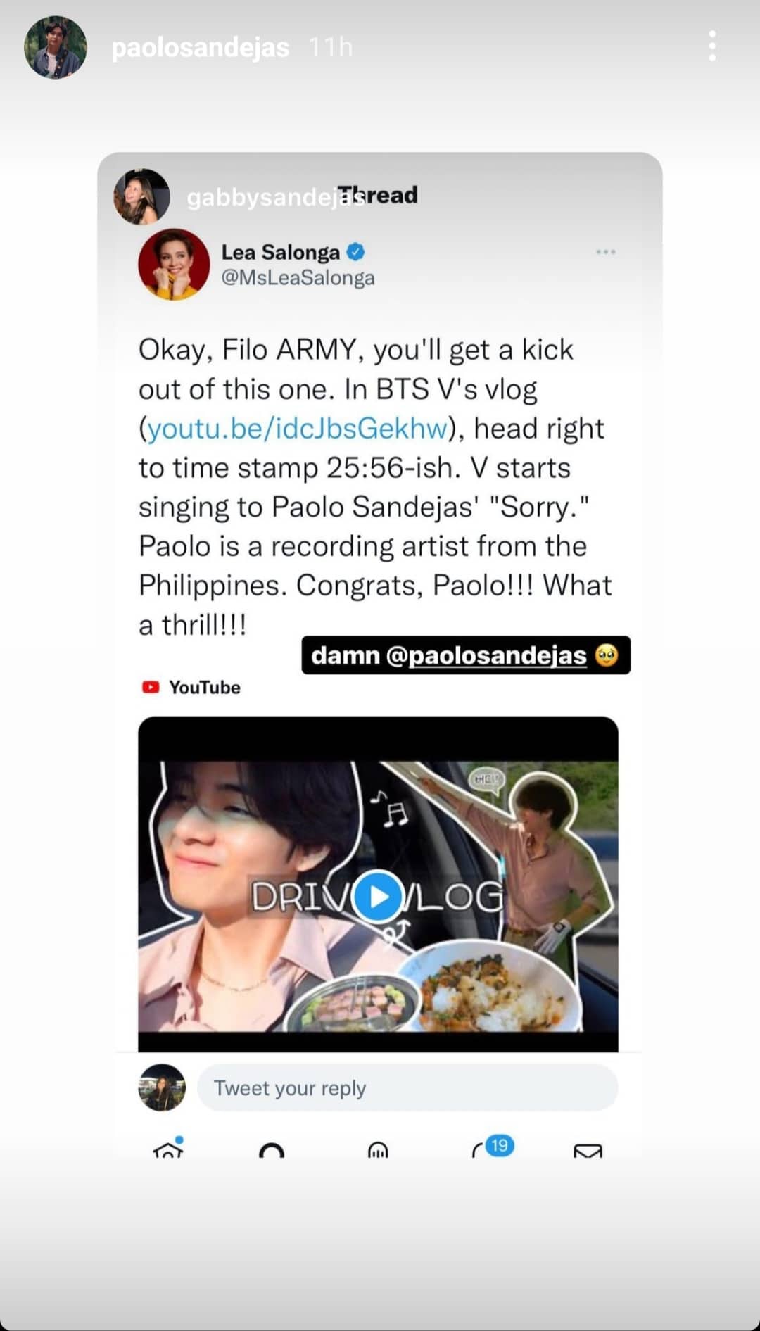 lea salonga congratulates paolo sandejas on the inclusion of his song sorry in bts v's vlog