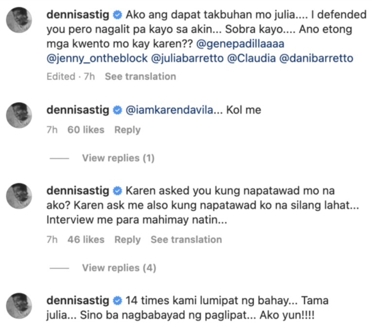 Dennis Padilla reacts to Julia Barretto's statements in her interview with Karen Davila