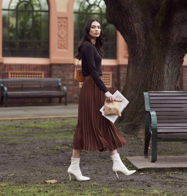 Love Bonito Wiley Lurex Glitter Ribbed Knit Top in Black and Zarielle Sunray Pleated Skirt in Brown