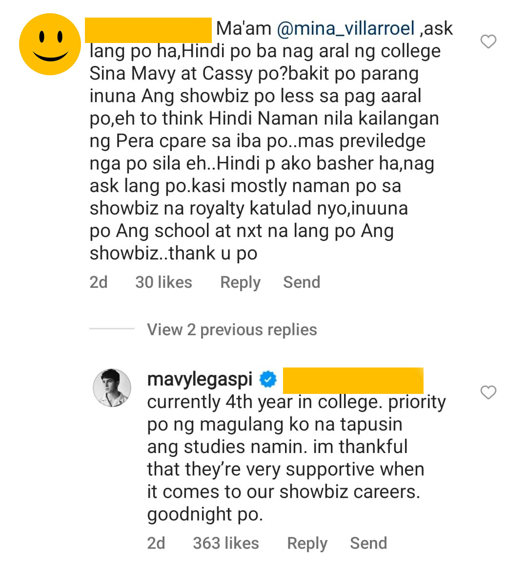 Mavy Legaspi responds to a netizen questioning how Carmina Villaroel and Zoren Legaspi seem to be putting their kids' career first over the studies