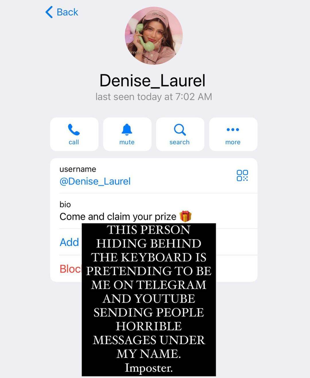 Denise Laurel warns public against poser using her name 