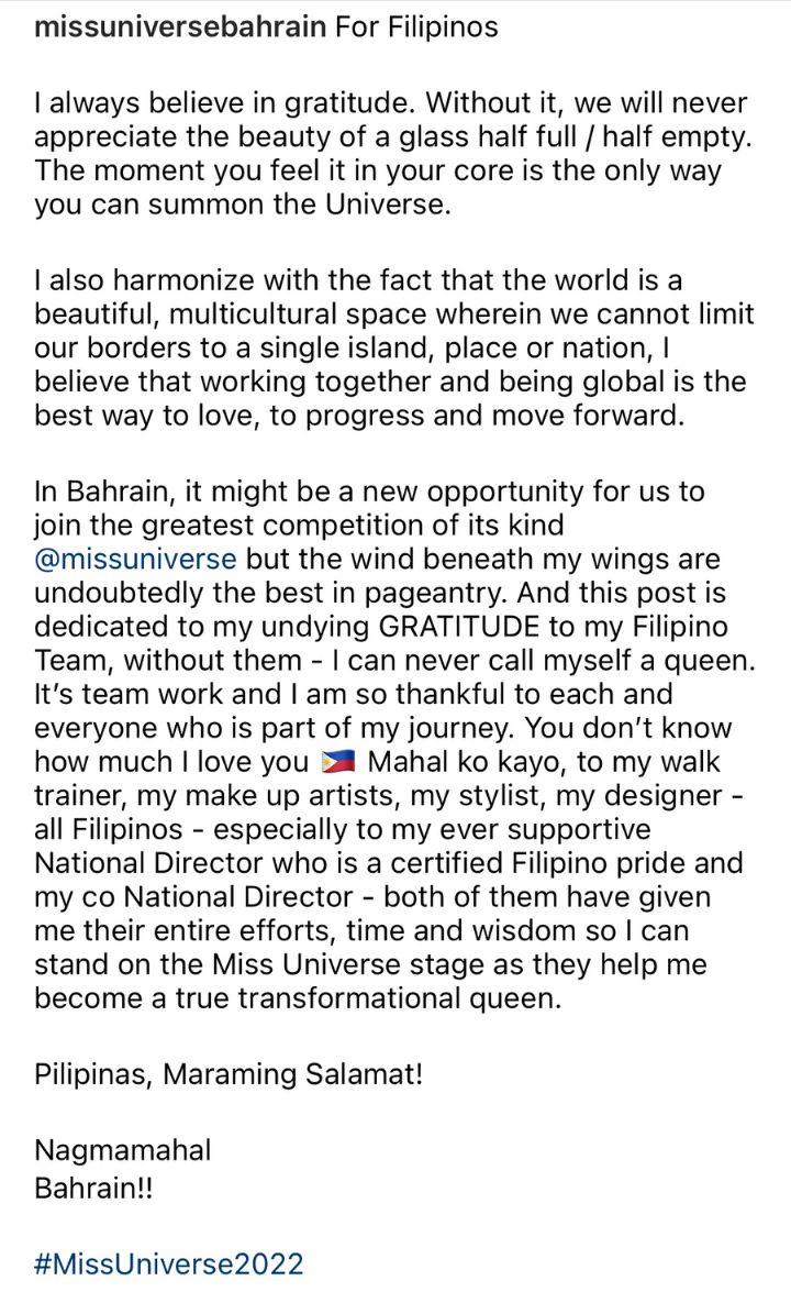 Miss Universe Bahrain 2022 thank you Instagram post to Filipino team