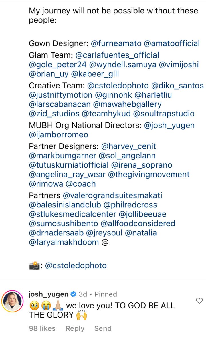 Miss Universe Bahrain 2022 thank you Instagram post to Filipino team credits