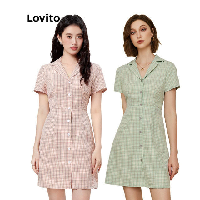 Lovito Preppy Plaid Collar Shirt Summer Fitted A-Line Dress