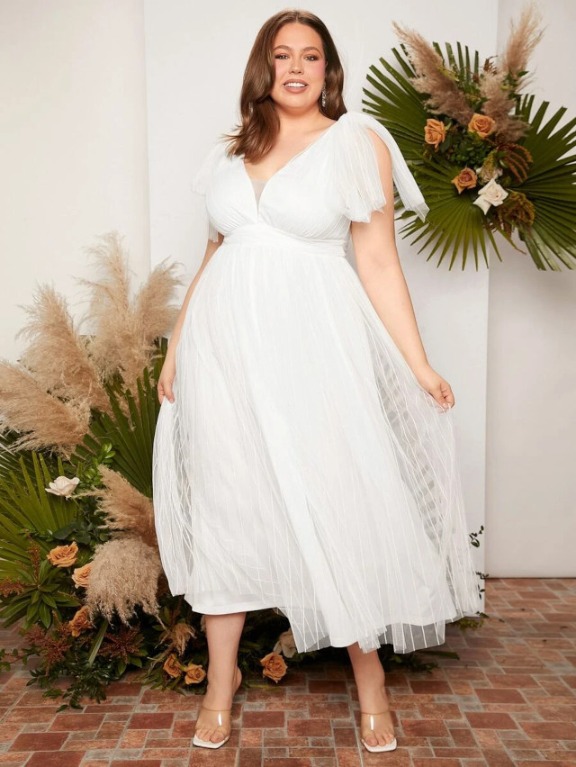 SHEIN Belle Plus Knot Shoulder Mesh Overlay Butterfly Sleeve Wedding Dress