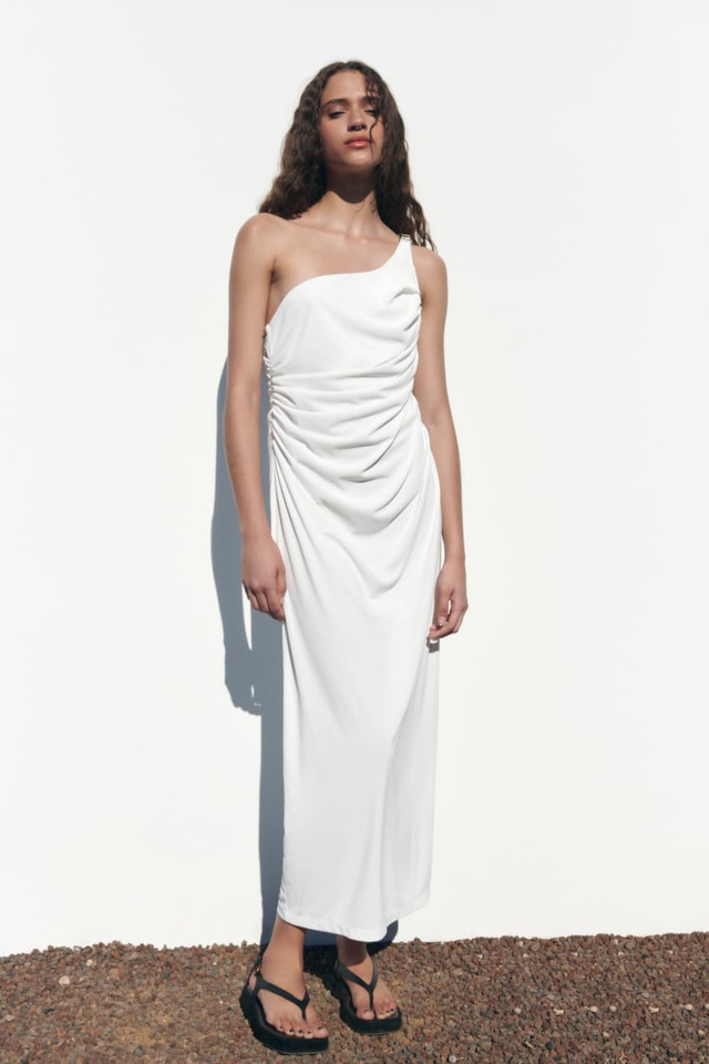Zara Asymmetric Midi Dress with Gathering