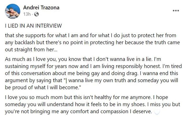 Andrei Trazona responds to mother Izzy Trazona's viral post about their fall out